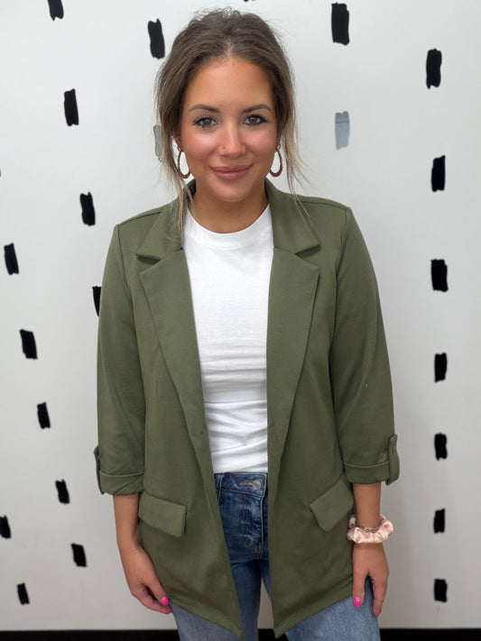 Sage Open Front Roll Up Blazer