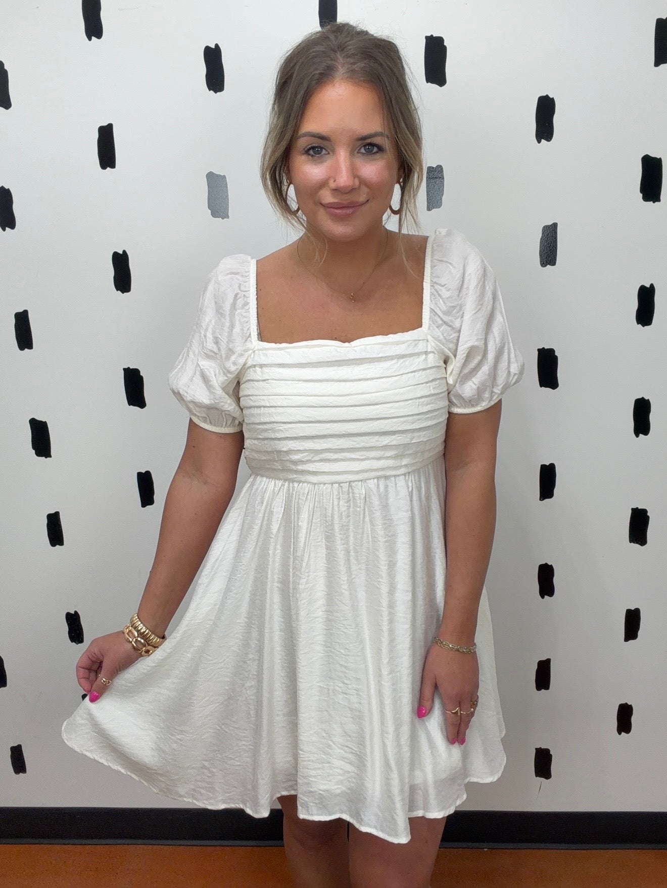 Off White Pleated Bodice Puff Sleeve Dress