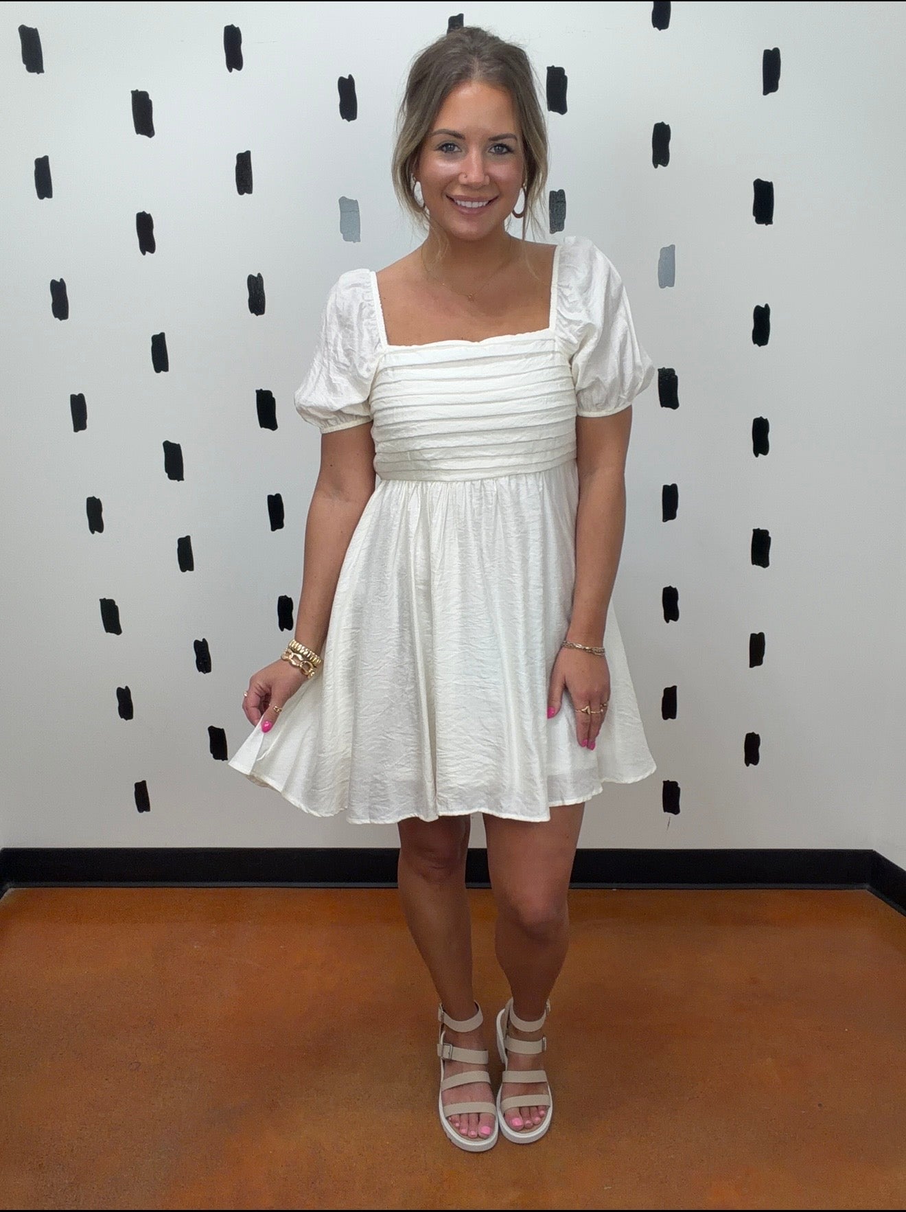 Off White Pleated Bodice Puff Sleeve Dress