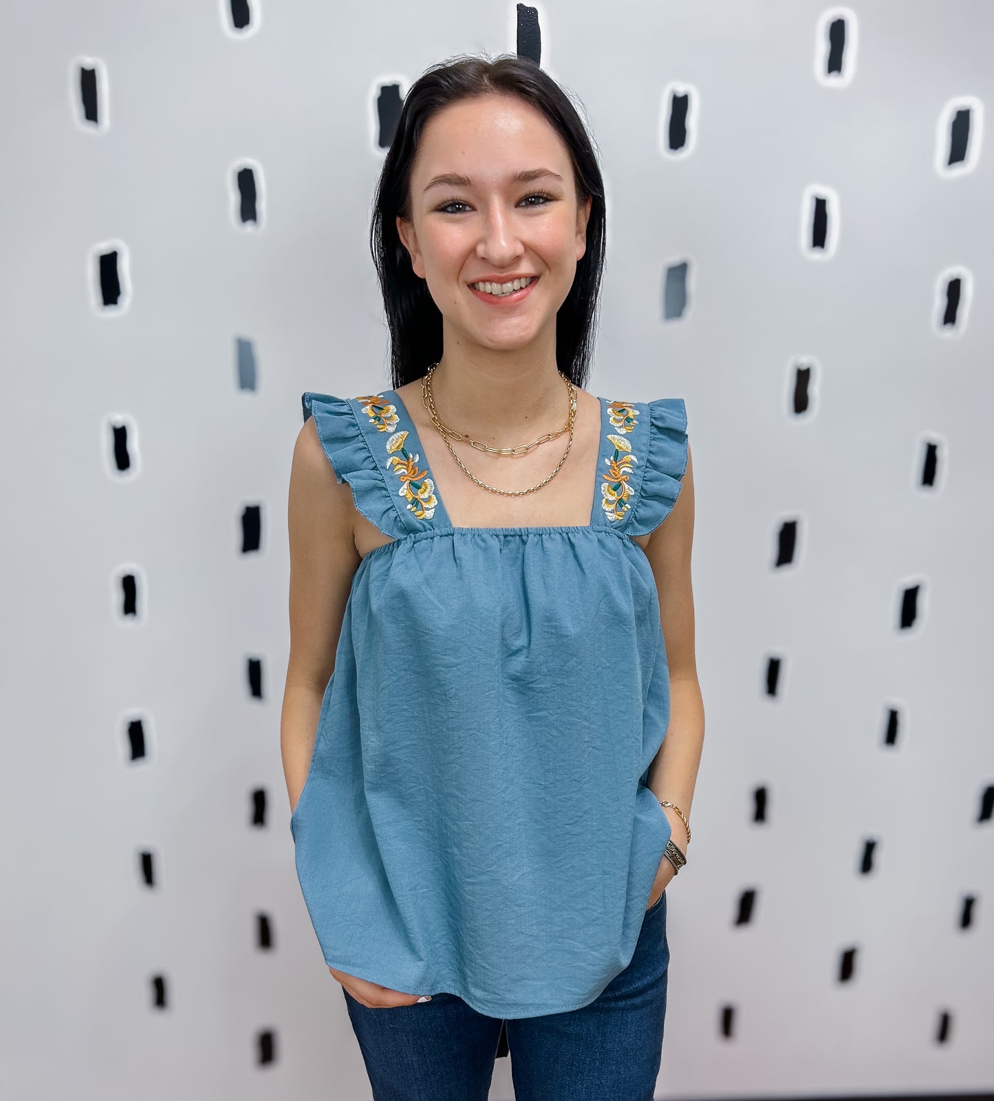 Steel Blue Embroidered Ruffe Tank