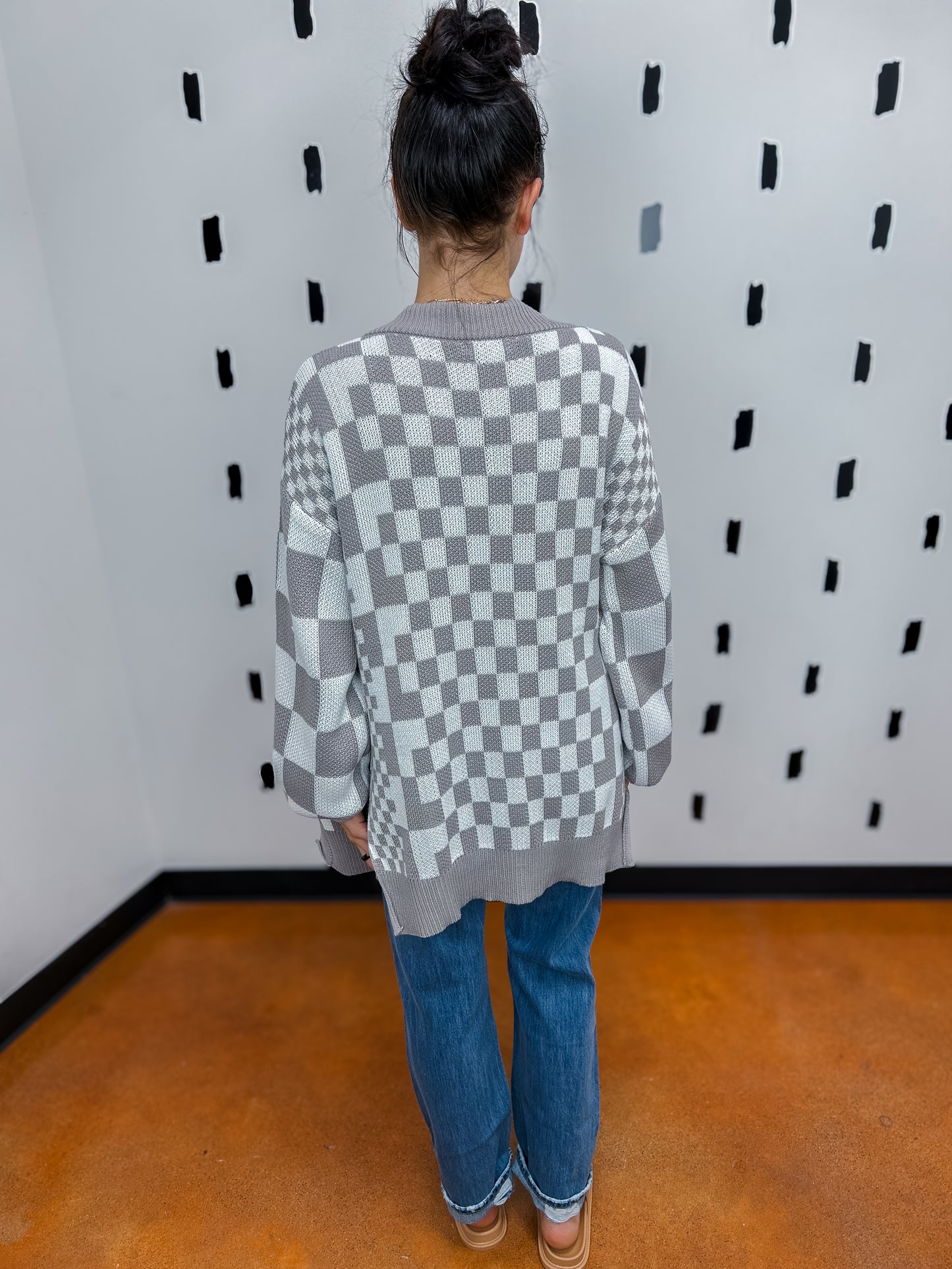 Mocha Long Sleeve Check Knit Cardigan