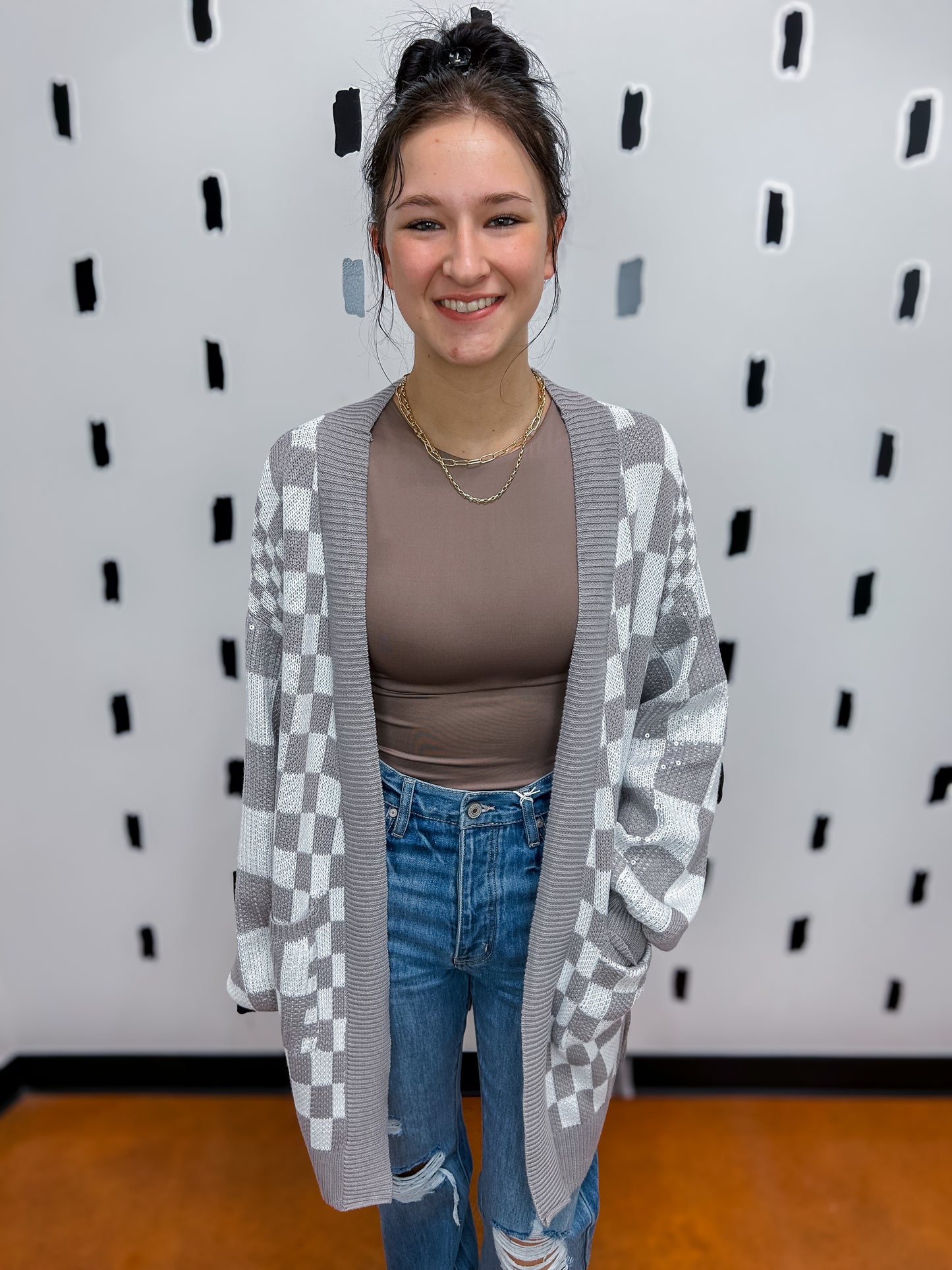 Mocha Long Sleeve Check Knit Cardigan