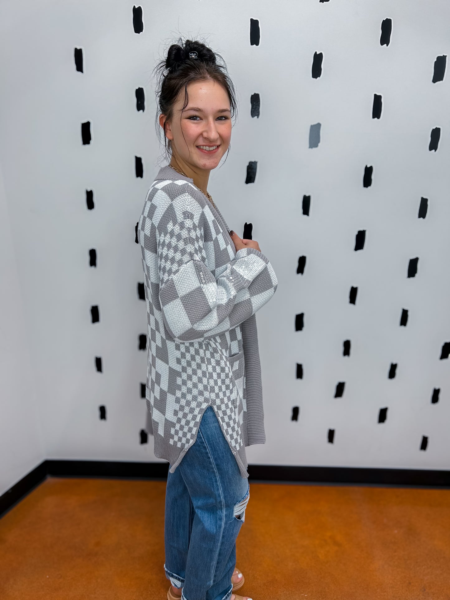 Mocha Long Sleeve Check Knit Cardigan